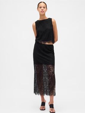 GAP Black Lace Maxi Skirt with Sheer Panel and Side Slit Fits L-XL